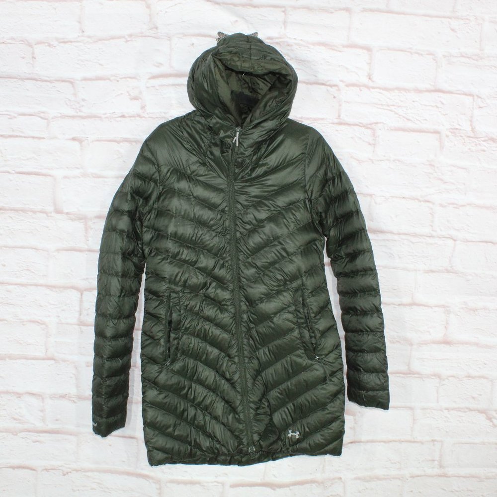 Under Armour Green Polyester Zip ColdGear Hooded Quilted Long Jacket Size M - Picture 1 of 12